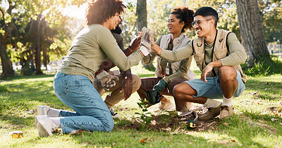 Buy stock photo High five, support and community people in park, nature and garden for sustainable environment. Group work, climate change or volunteers with celebration, growth or green ecology for earth day