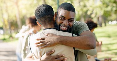 Buy stock photo Happy man, friends and volunteer with hug in nature for welcome, thank you or partnership at outdoor park. Male person or group with smile for embrace, charity or help in NGO for community service