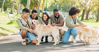 Buy stock photo People, volunteer and happy with dogs at park for walk, care and support for community service in new York. Diversity, group and smile for animal welfare or charity with fun or help as shelter worker