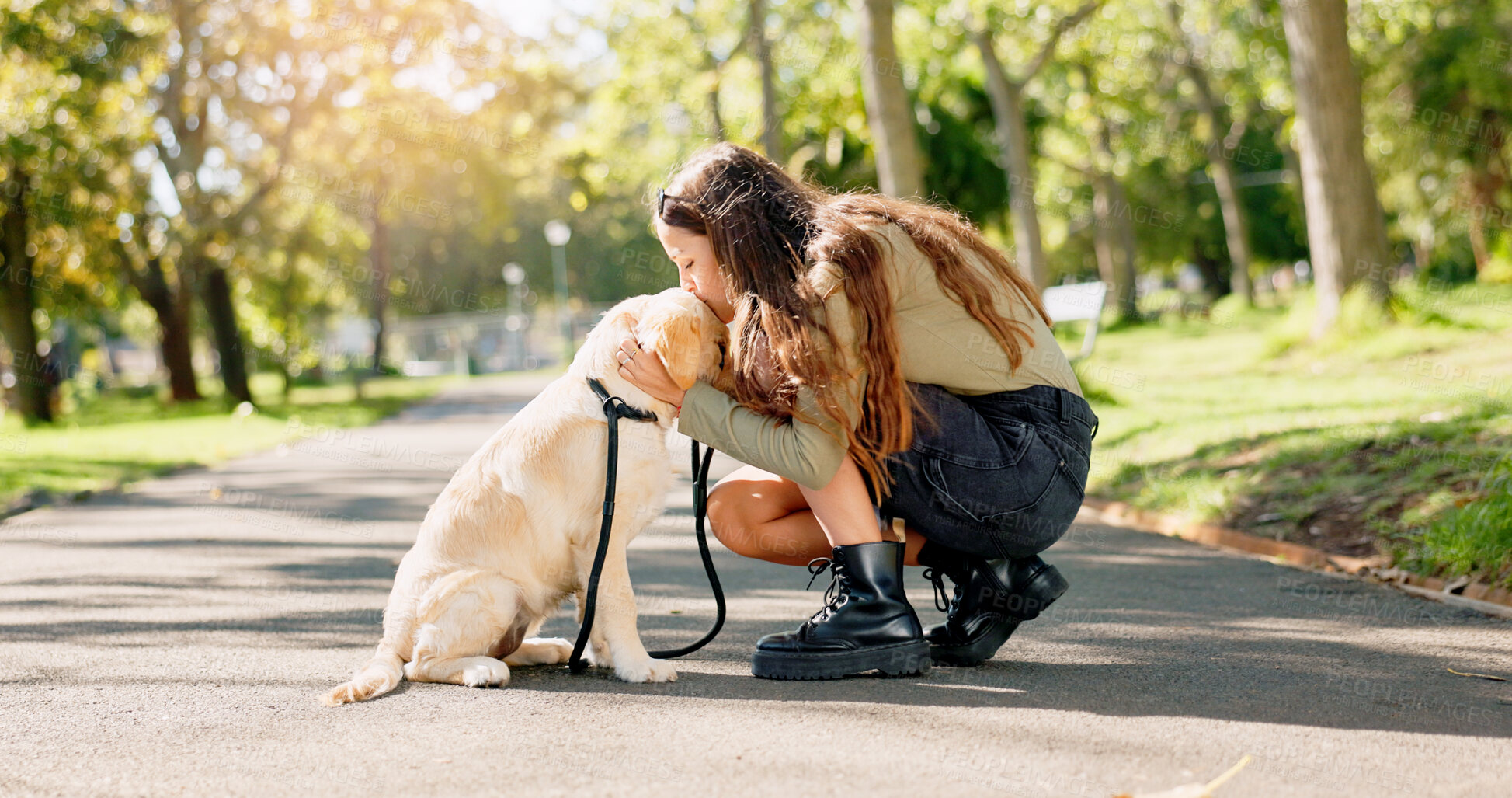 Buy stock photo Park, kiss and woman with dog in nature for walking, playing and training outdoors together. Friendship, animal rescue and happy person with pet Labrador for behavior, bonding and fun together