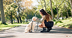 Woman, dog and park with friendship, bonding and happy for wellness, travel and journey on island. Female person, cheerful and pet care with walk, fresh air in outdoor on path in nature for training
