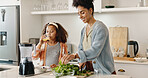 Kitchen, mother and girl with juice, cooking and bonding for breakfast, smile and love for daughter. Home, woman and teaching of meal prep to child, care and relax in apartment, together and happy