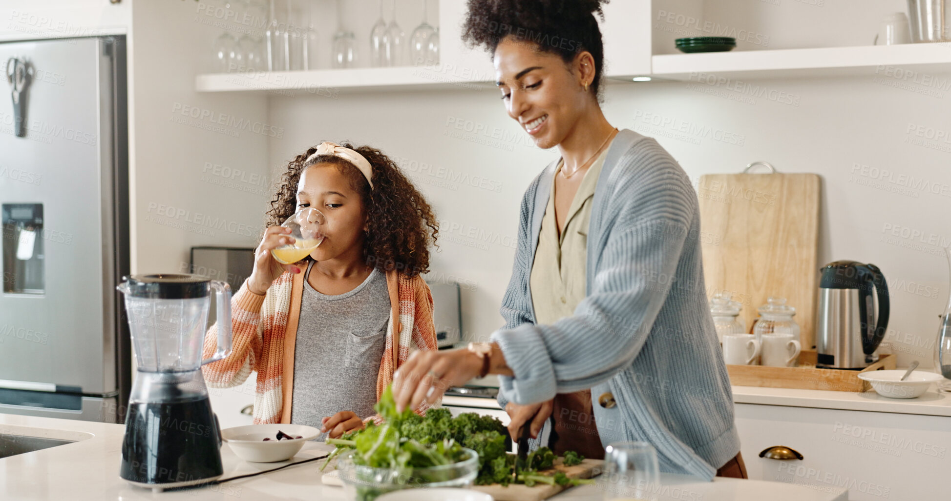 Buy stock photo Kitchen, mother and girl with juice, cooking and bonding for breakfast, smile and love for daughter. Home, woman and teaching of meal prep to child, care and relax in apartment, together and happy