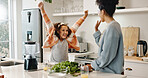 Happy mother, daughter and kitchen with healthy breakfast for morning, eating or nutrition at home. Mom, excited child and little girl in joy for winning, vegetables or vitamin C together at house