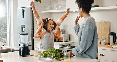 Buy stock photo Happy mother, daughter and kitchen with healthy breakfast for morning, eating or nutrition at home. Mom, excited child and little girl in joy for winning, vegetables or vitamin C together at house