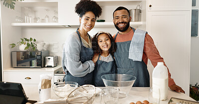 Buy stock photo Family, child and baking in kitchen portrait, cooking and learning together with parents in apartment or culinary skills. Food, treat and girl preparation and home, love and childhood development