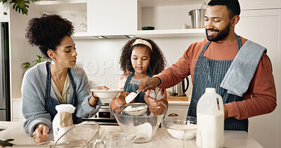 Buy stock photo Family, child and baking in kitchen or house, cooking and learning together with parents in apartment or culinary. Food, treat and girl preparation and sifting flour, love and childhood development