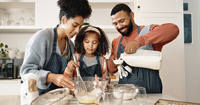 Buy stock photo Family, child and bake in kitchen or home, cooking and learning together with parents in apartment or culinary skills. Food, treat and girl preparation and mixing, love and childhood development