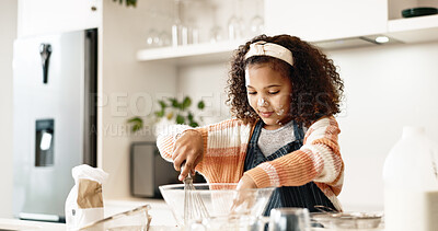 Buy stock photo Girl, baking and mixing in home kitchen or batter, house and motor skills or childhood development for culinary education. Cooking, cookie dough and happy dessert, bowl and ingredients with utensils