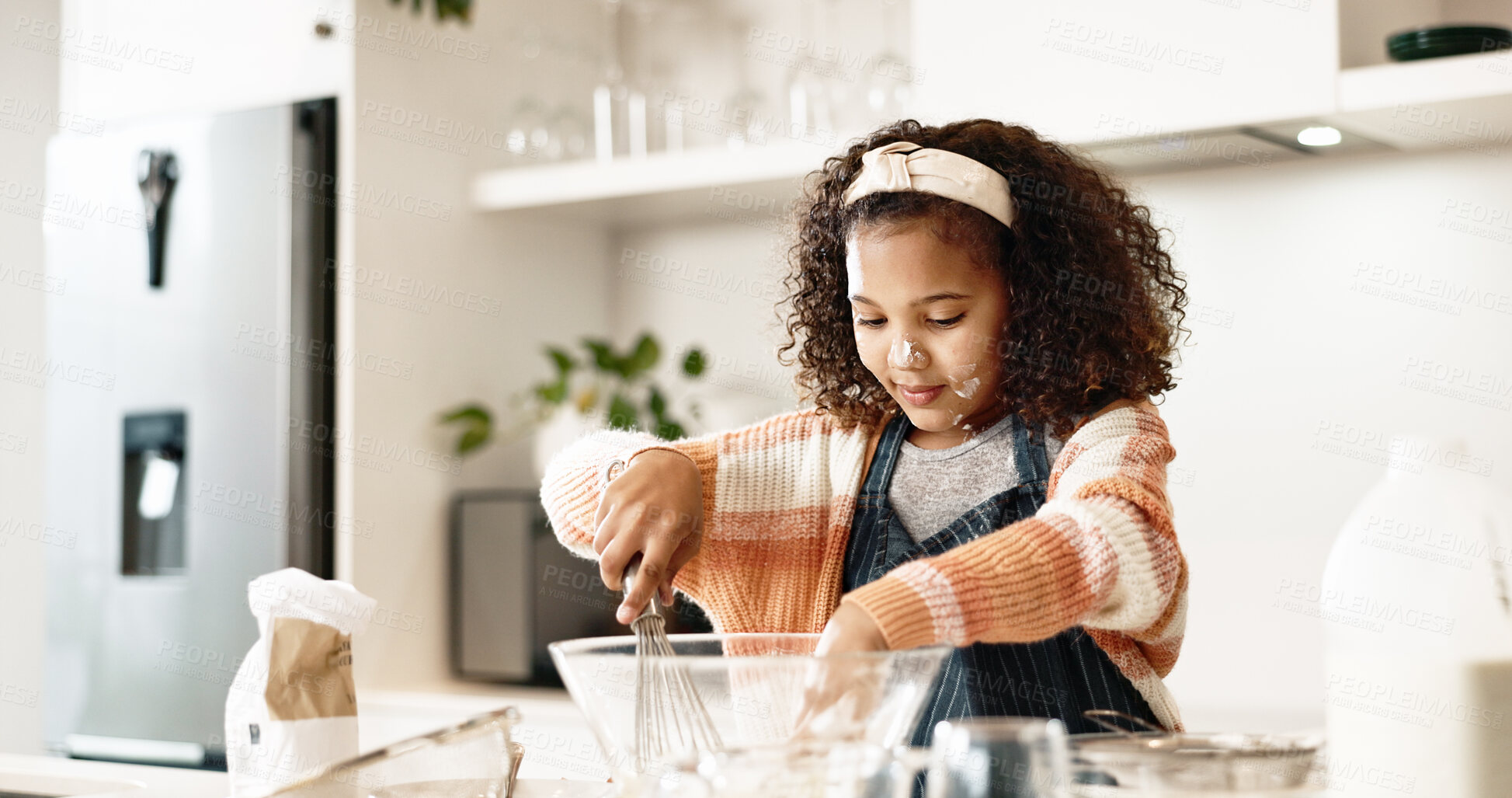 Buy stock photo Girl, baking and mixing in home kitchen or batter, house and motor skills or childhood development for culinary education. Cooking, cookie dough and happy dessert, bowl and ingredients with utensils