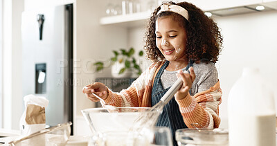 Girl, bake and mixing in home kitchen or batter, house and motor skills or childhood development for culinary education. Cooking, cookie dough and happy dessert, bowl and ingredients with utensils