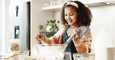 Buy stock photo Girl, bake and mixing in home kitchen or batter, house and motor skills or childhood development for culinary education. Cooking, cookie dough and happy dessert, bowl and ingredients with utensils