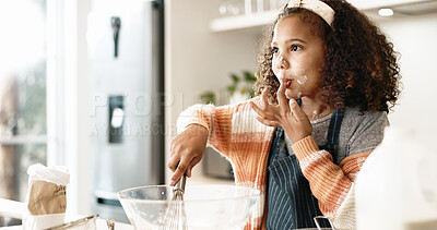 Buy stock photo Girl, baking and taste in kitchen or house with batter, home and motor skills or childhood development for culinary education. Cooking, cookie dough and happy dessert, bowl and ingredients with whisk