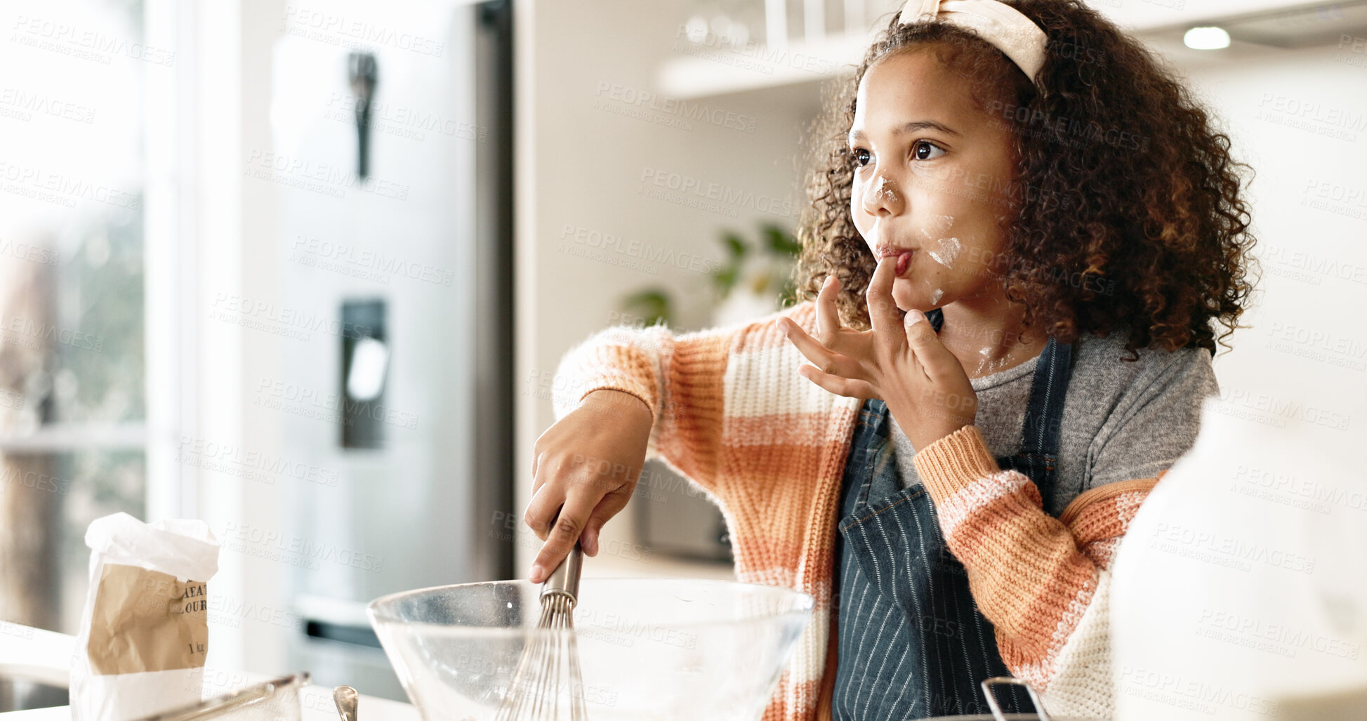 Buy stock photo Girl, baking and taste in kitchen or house with batter, home and motor skills or childhood development for culinary education. Cooking, cookie dough and happy dessert, bowl and ingredients with whisk