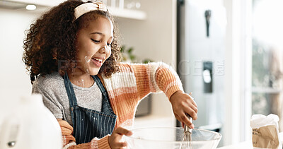 Girl, baking and mixing in home kitchen or batter, house and motor skills or childhood development for culinary education. Cooking, cookie dough and happy dessert, bowl and ingredients with utensils