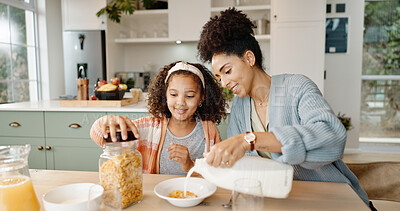 Buy stock photo Mother, child and breakfast cereal in morning for healthy nutrition with calcium milk, preparing or home. Woman, daughter and growth development in kitchen for wellness fiber or snack, hungry or food