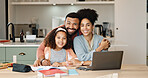 Laptop, parents and girl child in portrait together in home for community, support and love or development. Mom, dad and kid in kitchen with tech for online eduction, safety and protection in house