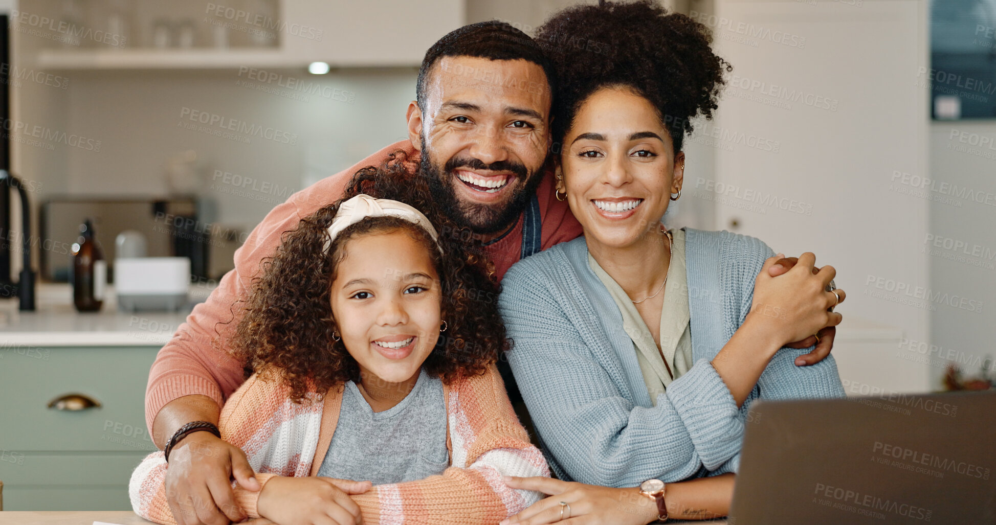 Buy stock photo Family, parents and girl child in portrait together in home for community, support and love or bonding. Mom, dad and kid in kitchen hug or embrace for safety, relationship and protection in house