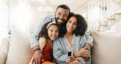 Buy stock photo Mom, dad and girl on sofa for portrait with love or care, relax and family bonding for memories or connection. Parents, child and together for comfort or safety on weekend, hug and happiness with kid