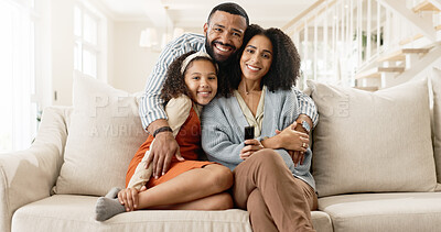 Mom, dad and girl on couch for portrait with love or care, relax and family bonding for memory or connection. Parents, child and together for comfort or safety on weekend, hug and happiness with kid.