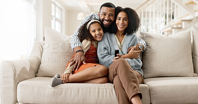 Buy stock photo Mom, dad and child on couch for portrait with love or care, relax and family bonding for memory or connection. Parents, girl and together for comfort or safety on weekend, hug and happiness with kid.