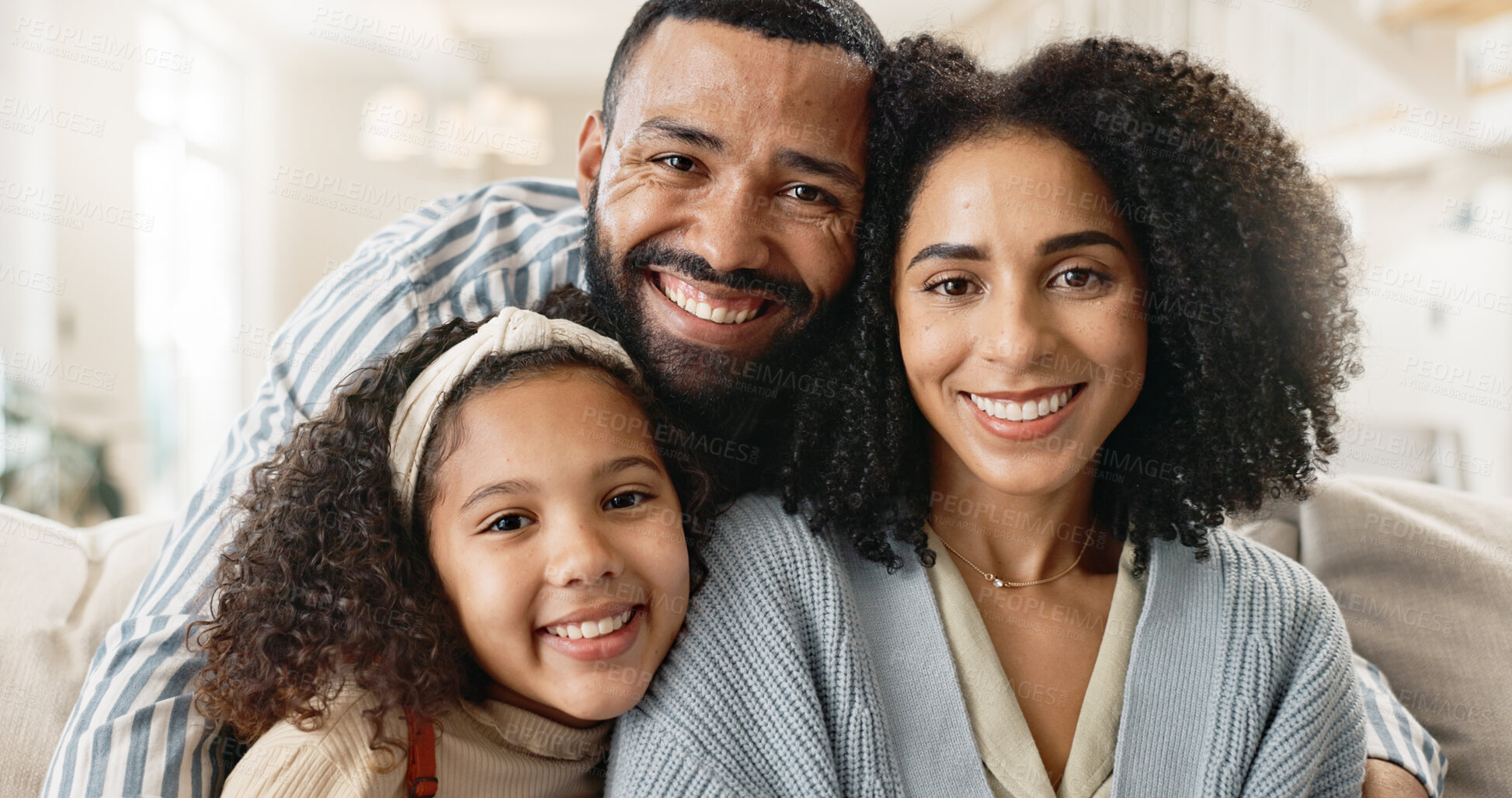 Buy stock photo Mom, dad and child on sofa for portrait with love or care, relax and family bonding for memory or connection. Parents, girl and together for comfort or safety on weekend, hug and happiness with kid.