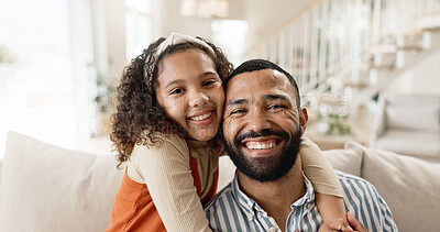 Buy stock photo Father, child and portrait with happy hug in home or morning bonding, apartment or connection. Man, daughter and love embrace on living room sofa for safety comfort or parent cuddle, family or smile