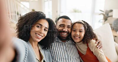 Parents, girl and selfie on sofa for portrait with love or care, relax and family bonding for memory or connection. Mom, dad and together in home for comfort or safety on weekend, hug and happiness.