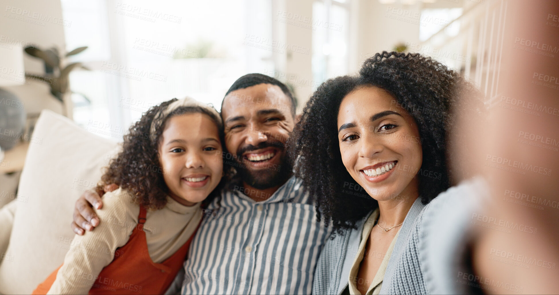 Buy stock photo Parents, girl and selfie on couch for portrait with love or care, relax and family bonding for memory or connection. Mom, dad and together in home for comfort or safety on weekend, hug and happiness.