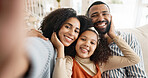 Parents, child and selfie on sofa for portrait with love or care, relax and family bonding for memory or connection. Mom, dad and girl together in home for comfort or safety on weekend, hug and joy.