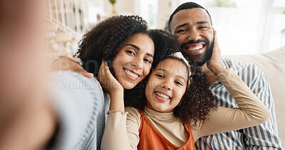 Parents, child and selfie on sofa for portrait with love or care, relax and family bonding for memory or connection. Mom, dad and girl together in home for comfort or safety on weekend, hug and joy.