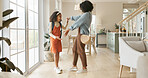 Morning, mother and daughter with dancing in home for happiness, school bag and love relationship with trust. Teen girl, mom and fun dance together in house with moving and laughing for comedy meme