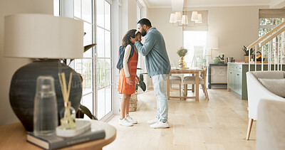 Buy stock photo Father, child and kiss in home for school goodbye or morning routine, leaving or parenting. Man, daughter and affection as young student with backpack as hello greeting or bonding, connection or care