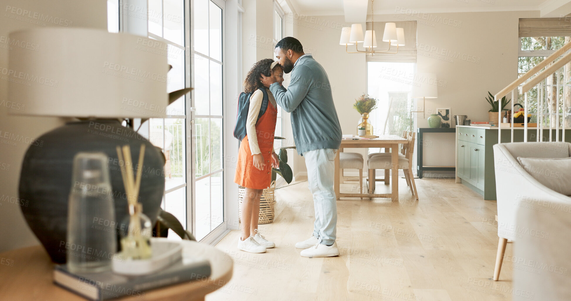 Buy stock photo Father, child and kiss in home for school goodbye or morning routine, leaving or parenting. Man, daughter and affection as young student with backpack as hello greeting or bonding, connection or care