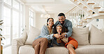 Happy, family and portrait on sofa at home with smile, living room and bonding together with love. Care, joke and lounge with child, mom and dad relax with couch and laughing from new house with fun