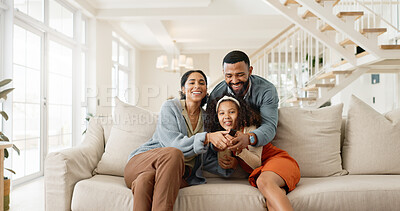 Happy, family and portrait on sofa at home with smile, living room and bonding together with love. Care, joke and lounge with child, mom and dad relax with couch and laughing from new house with fun