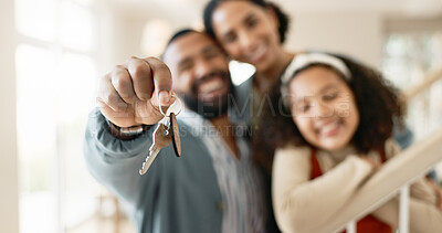 Parents, girl and hands with keys in new home or apartment, relocation and property purchase for investment or achievement. Mom, dad and child together with mortgage loan, milestone and celebration.