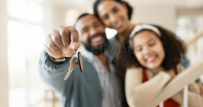 Buy stock photo Parents, girl and hands with keys in new home or apartment, relocation and property purchase for investment or achievement. Mom, dad and child together with mortgage loan, milestone and celebration.