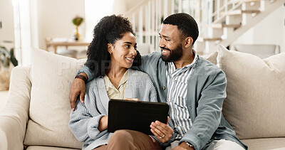Couple, love and internet on sofa with tablet on real estate application for home investment, browsing and relocation. Man, woman and together in house with technology on couch for property listing.