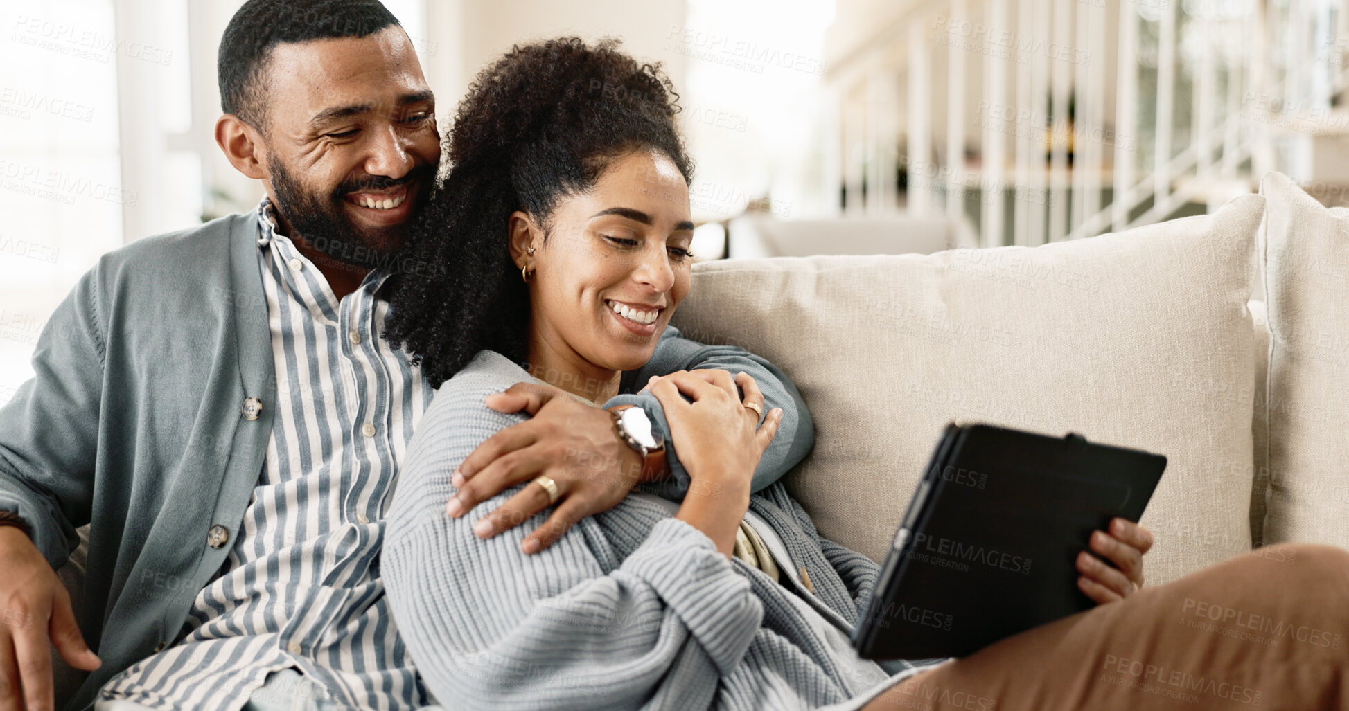 Buy stock photo Couple, love and internet on couch with tablet on streaming application for home entertainment, subscription and movies. Man, woman and together in house with technology on sofa for online videos.