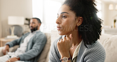 Buy stock photo Frustrated couple, concern and sofa with disagreement in fight, divorce or breakup at home. Upset woman or man with stress in living room dispute, conflict or argument for toxic relationship at house