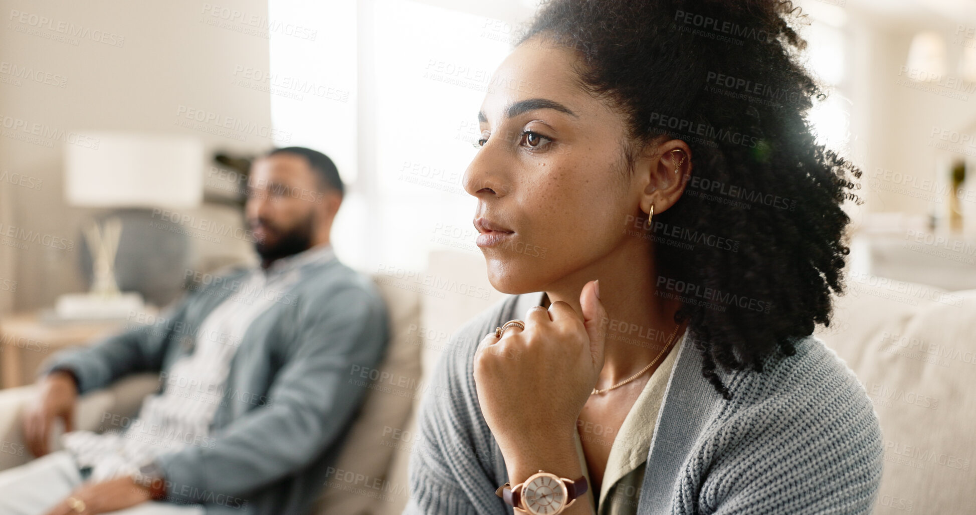 Buy stock photo Frustrated couple, concern and sofa with disagreement in fight, divorce or breakup at home. Upset woman or man with stress in living room dispute, conflict or argument for toxic relationship at house