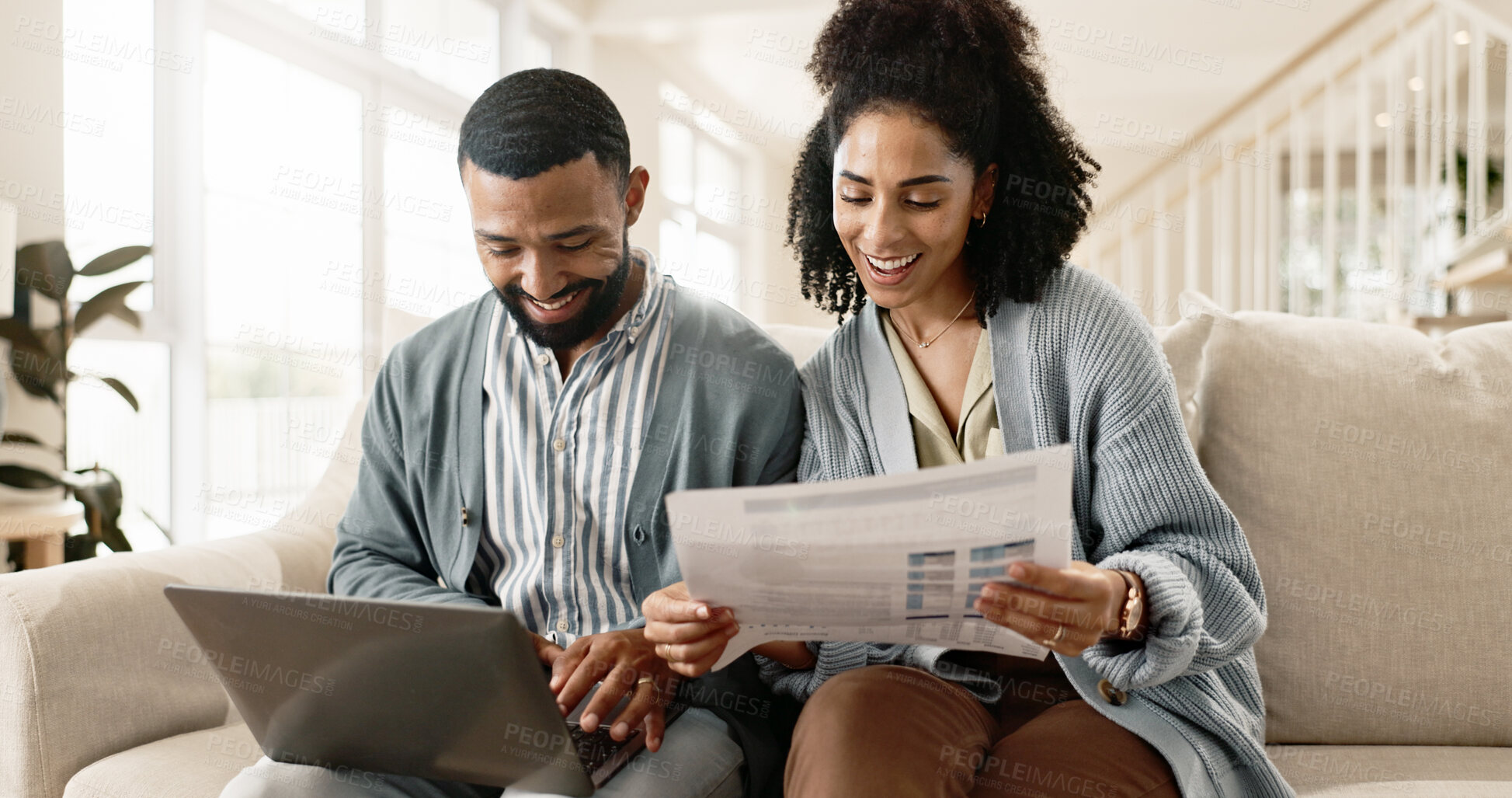 Buy stock photo Couple, man and woman with laptop on sofa for online research and reading blog, with newspaper in home. Love, male and female person together with technology on couch for internet connection