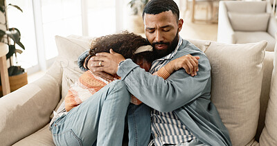 Buy stock photo Father, child and sad on sofa with comfort for mental health support, depression and parenting in living room of home. Family, dad and girl kid or hug with regret for conflict, argument or punishment