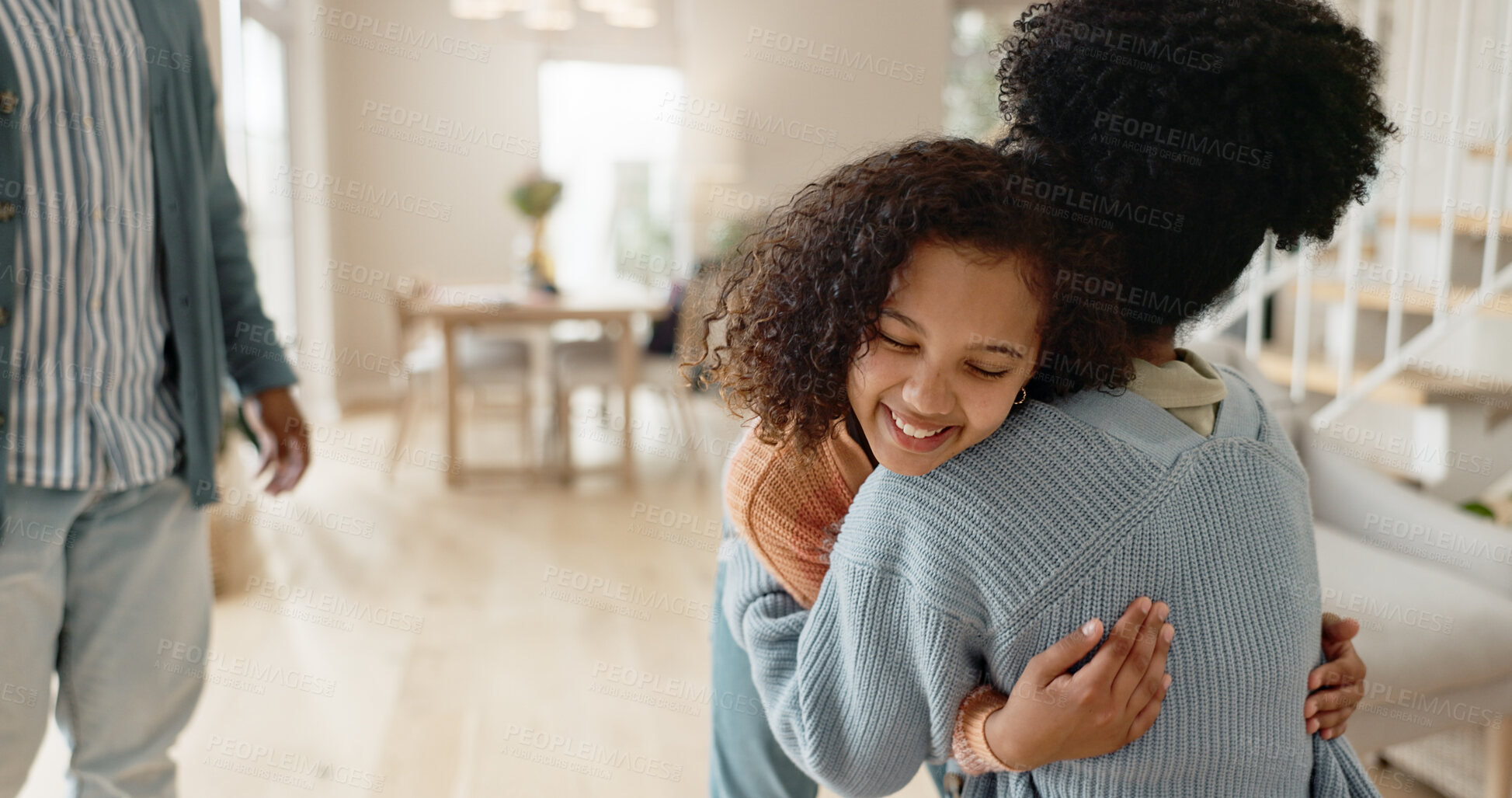 Buy stock photo Mother, child and happy hug in home or bonding connection or hello greeting, comfort or support. Woman, daughter and embrace in living room with parenting care or love in apartment, youth or cuddle