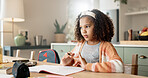 Little girl, thinking and counting with book in kitchen for mathematics, homework or assessment at home. Young female person, child or kid in wonder or thought with addition or numbers at house