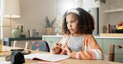 Little girl, thinking and counting with book in kitchen for mathematics, homework or assessment at home. Young female person, child or kid in wonder or thought with addition or numbers at house