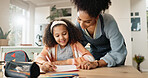 Child, assignment and home for education, learning and growth for future or knowledge. Mother, student and kitchen for help, studying and support or home school for development or coloring assessment