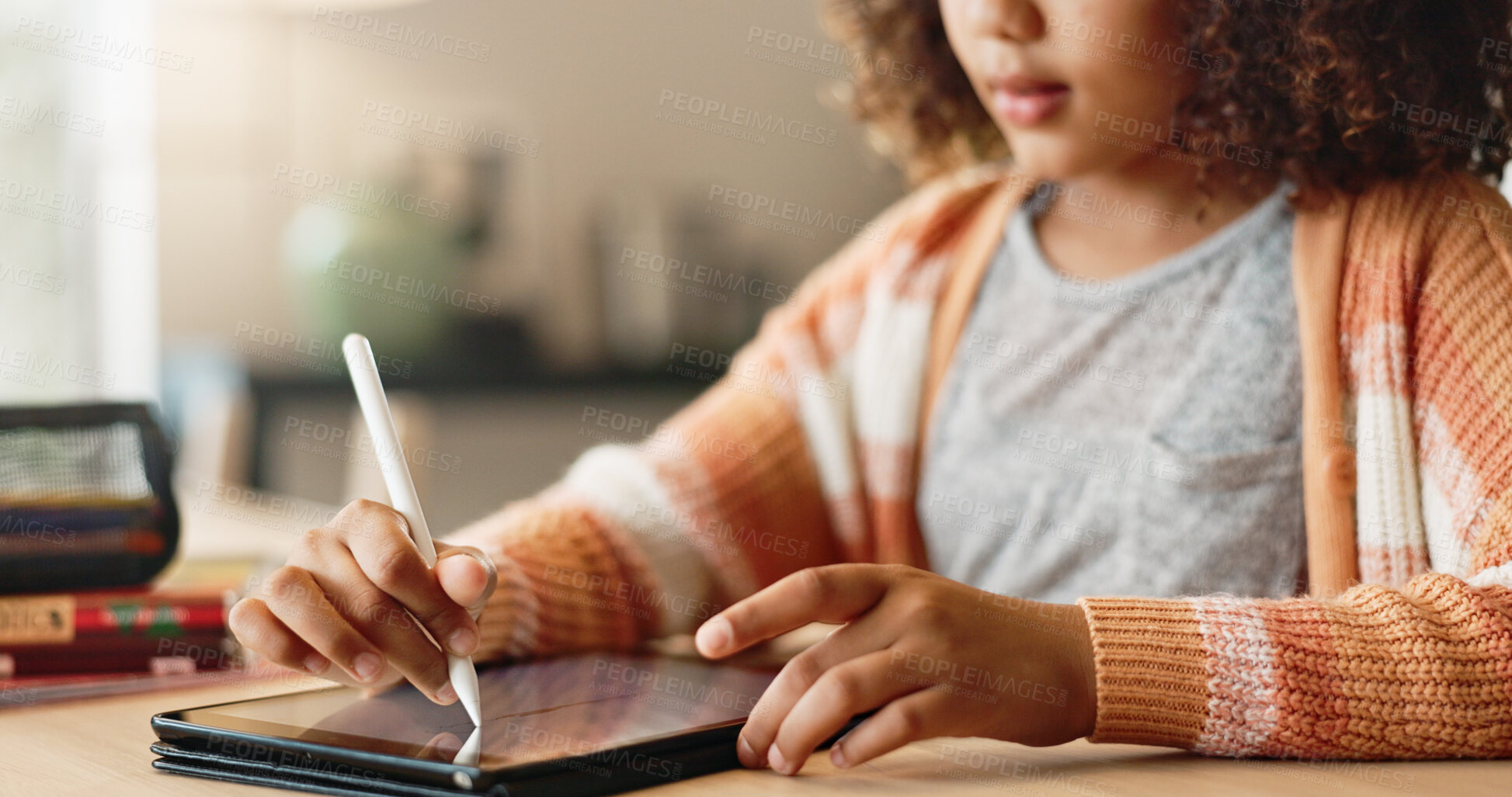 Buy stock photo Girl child, hands and drawing on tablet for homeschool, learning and growth or development of motor skills with digital art. Home, creativity and sketch online for handwriting practice and education.