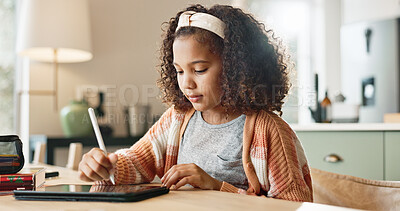 Buy stock photo Girl kid, home and sketch on tablet for homeschool, learning and growth or development of motor skills with digital art. Child, creativity and drawing online for handwriting practice and education.